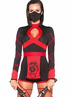 Female ninja (aka kunoichi), costume romper, hood, keyhole, apron